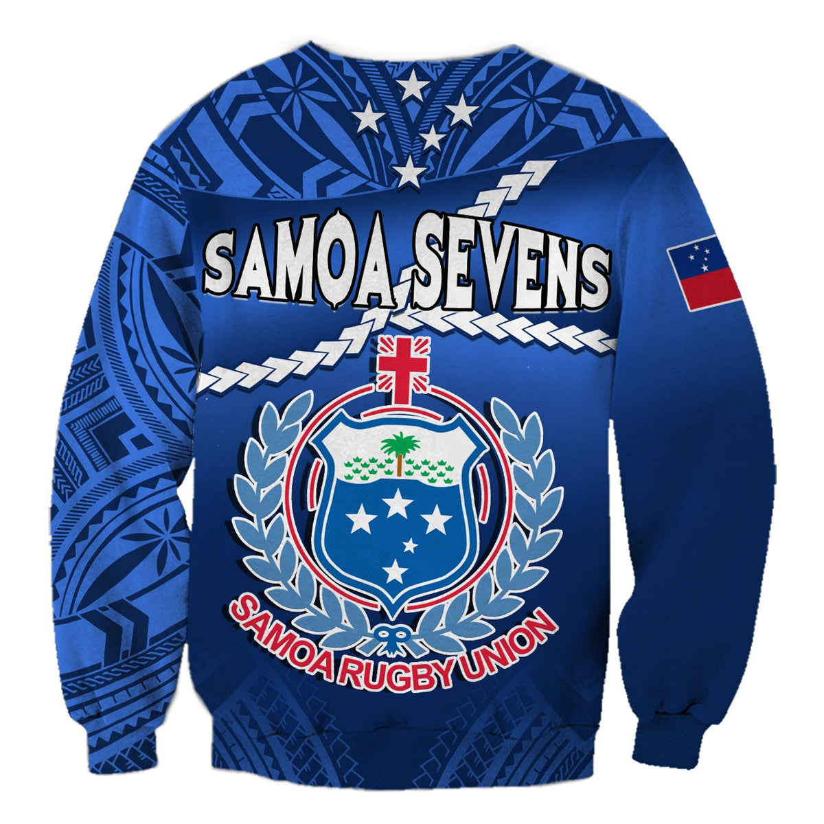 Blue rugby sweatshirt back with crest, wreath, and Samoa Rugby Union logo