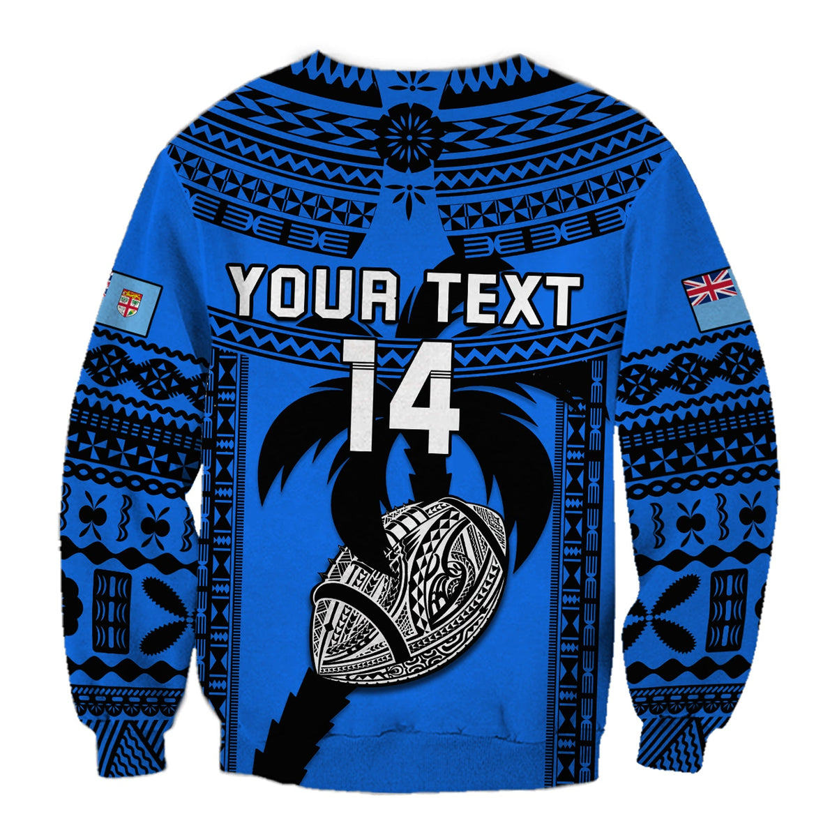 Blue rugby sweatshirt back with tapa patterns and large number 14 graphic