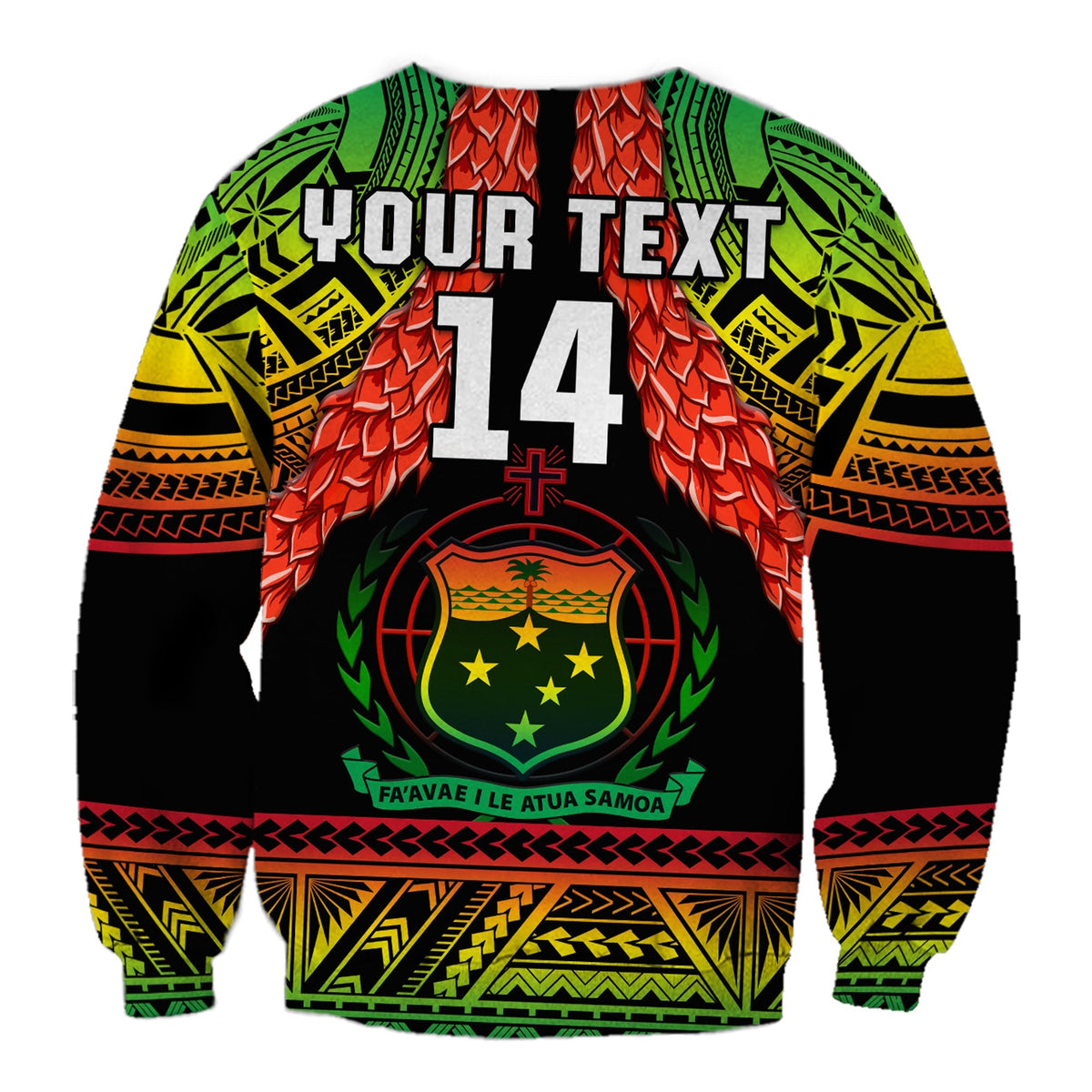 Black rugby sweatshirt with YOUR TEXT and number 14, green crest center and red wings