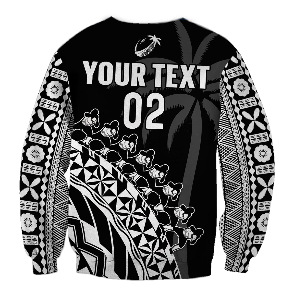 Rugby sweatshirt in black with white YOUR TEXT 02 back print and patterned sleeves
