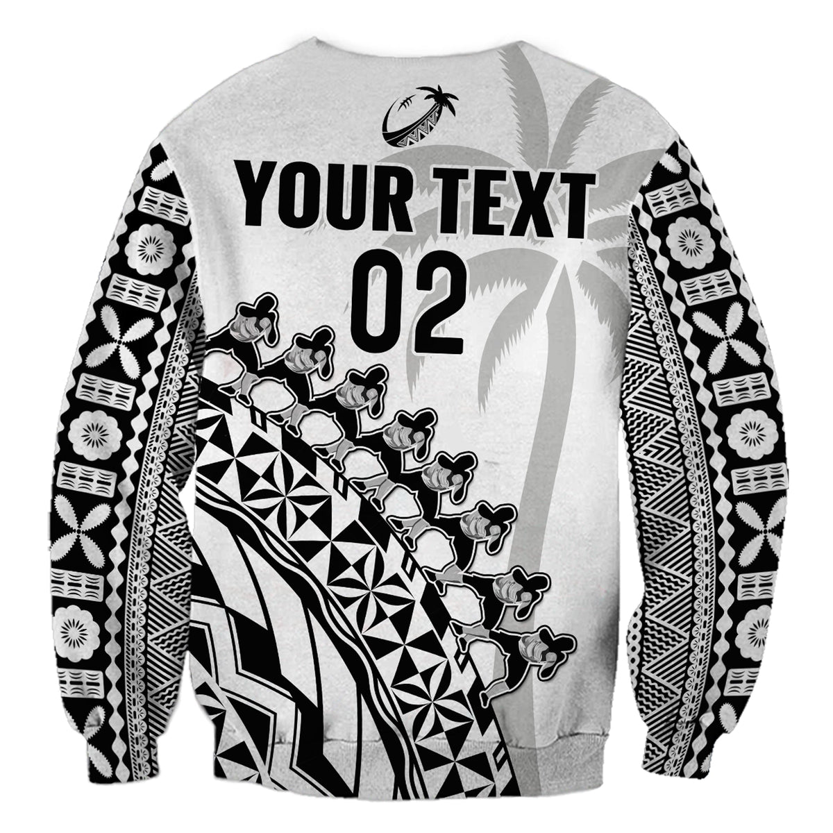 Rugby sweatshirt back, white with black tribal sleeves and large 'YOUR TEXT 02'