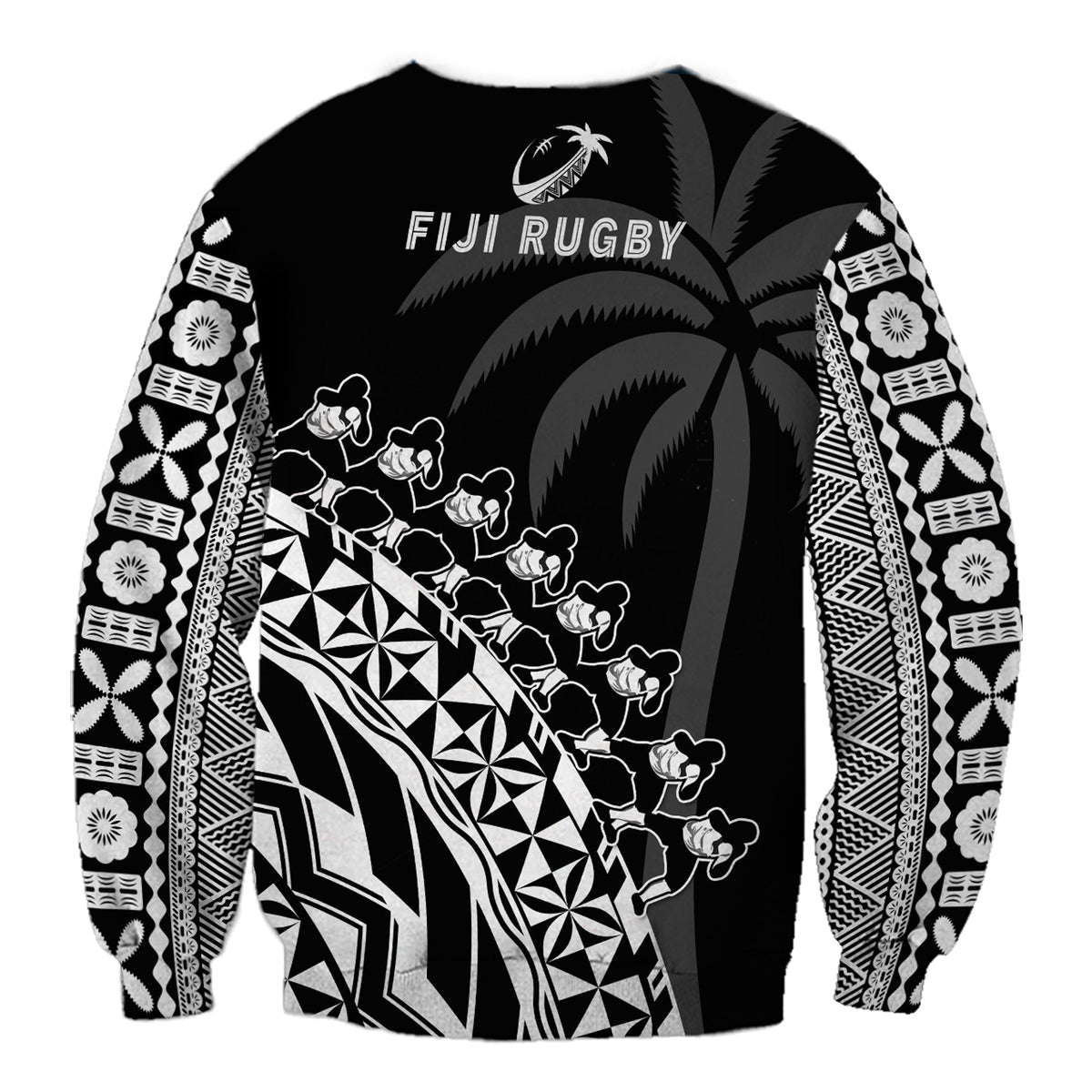Black rugby sweatshirt with white tribal runner print and vertical sleeve borders