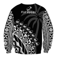 Black rugby sweatshirt with white tribal runner print and vertical sleeve borders