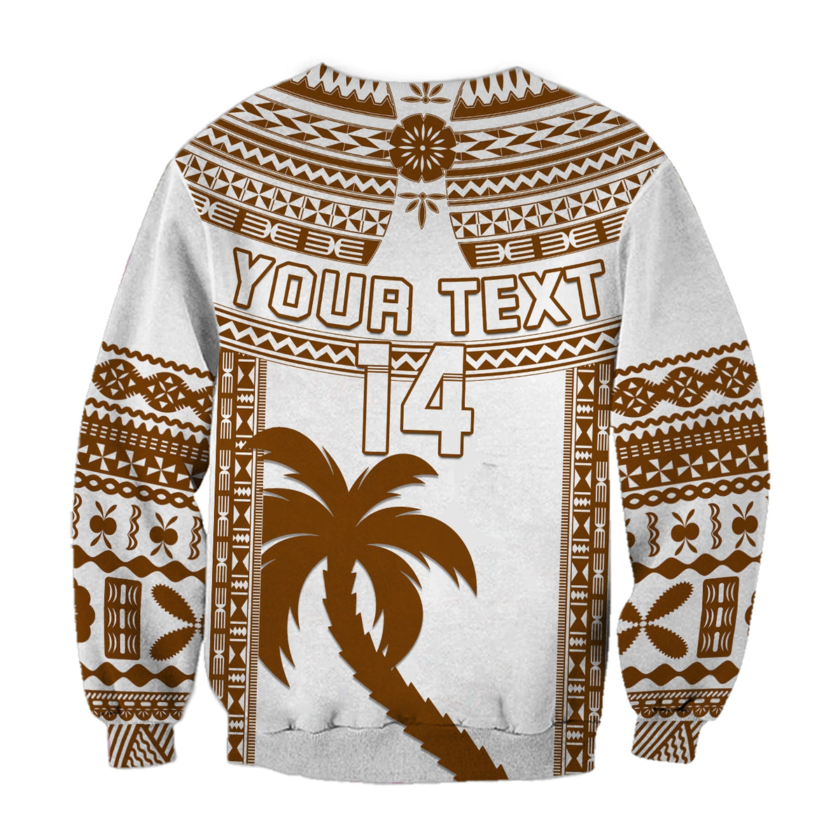 Unisex rugby sweatshirt with brown-and-white tribal print, YOUR TEXT and large palm with 14