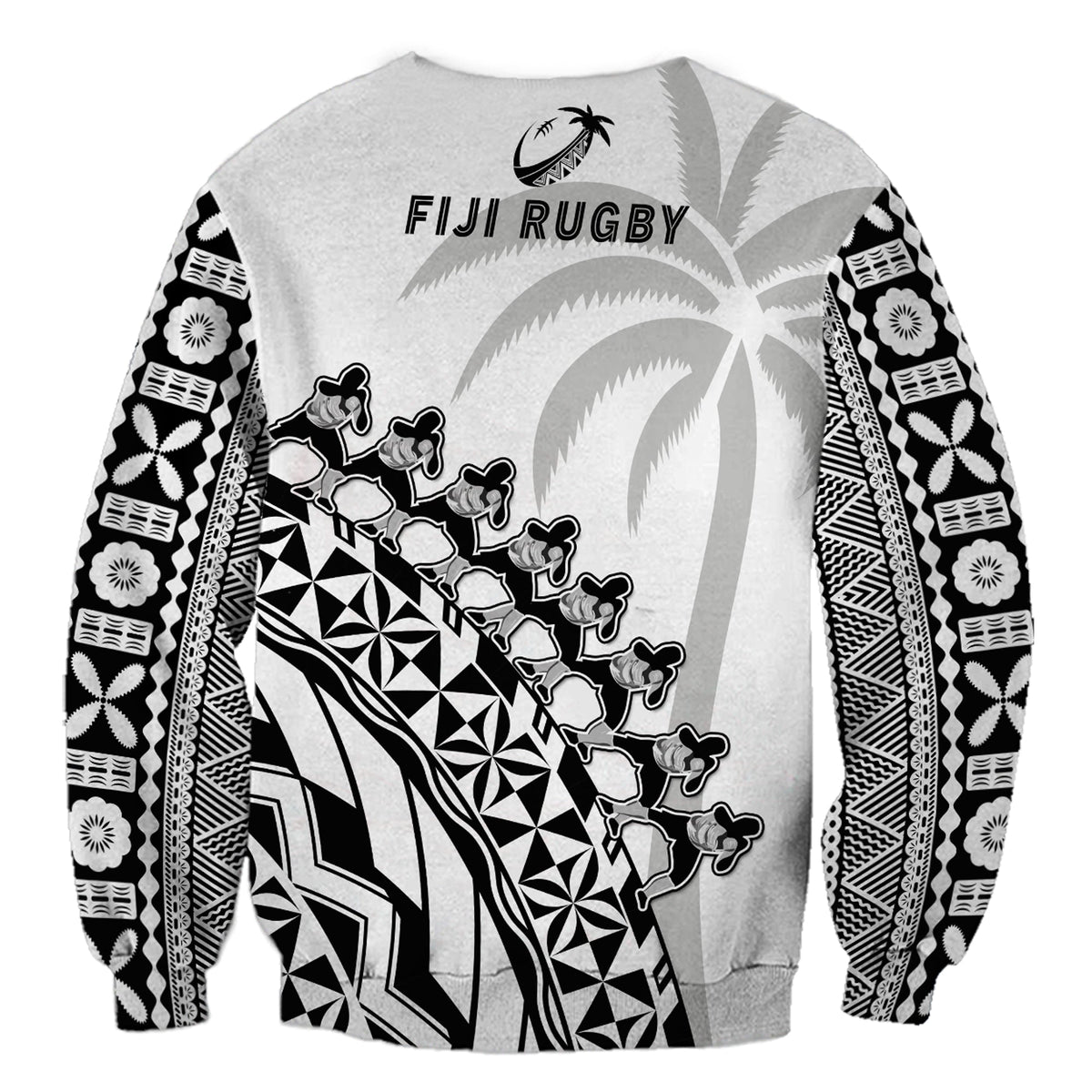Unisex sweatshirt back in light white with black tribal tapa sleeves and FIJI RUGBY logo