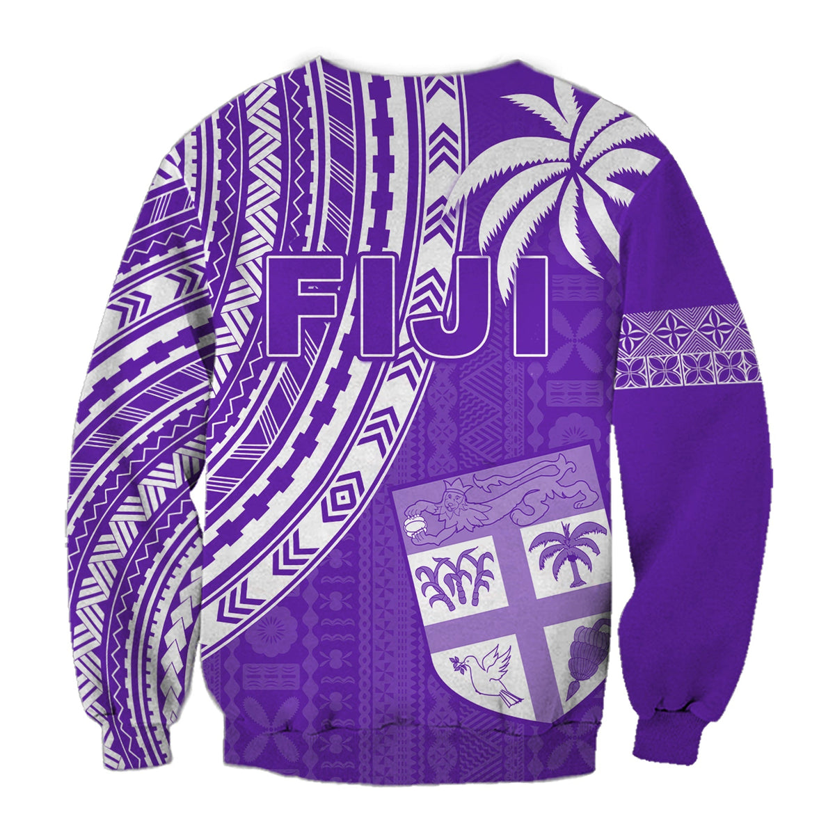 Purple crewneck sweatshirt with geometric tribal print and white FIJI emblem on back