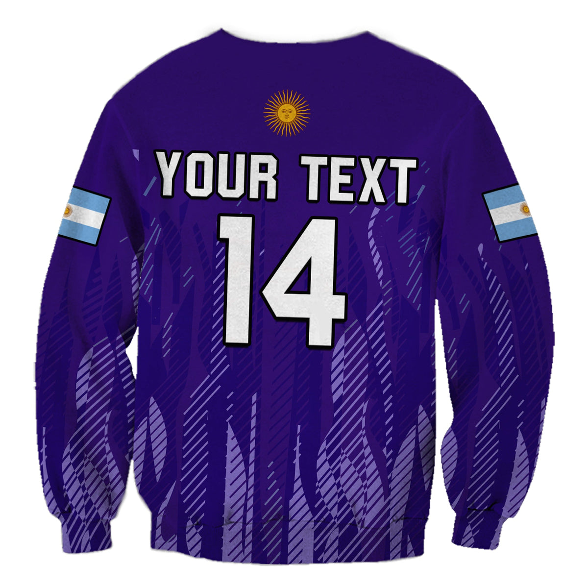 Purple football sweatshirt back with custom text and large number 14, long sleeves