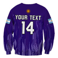 Purple football sweatshirt back with custom text and large number 14, long sleeves