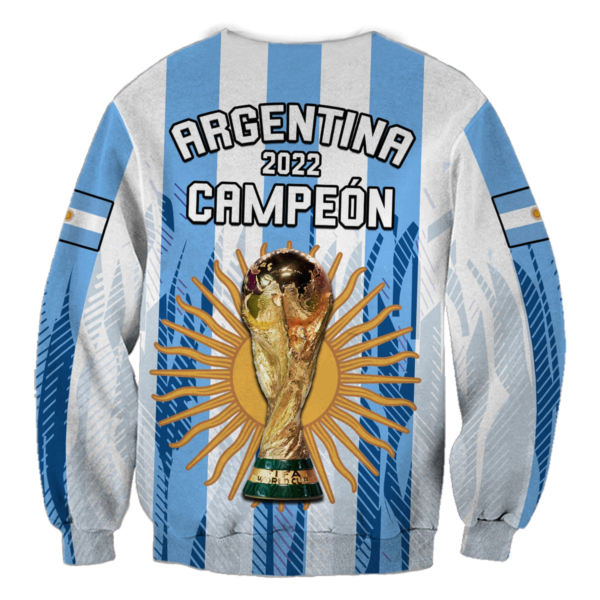 Football sweatshirt with "ARGENTINA 2022 CAMPEÓN" text and gold trophy, light blue/white stripes