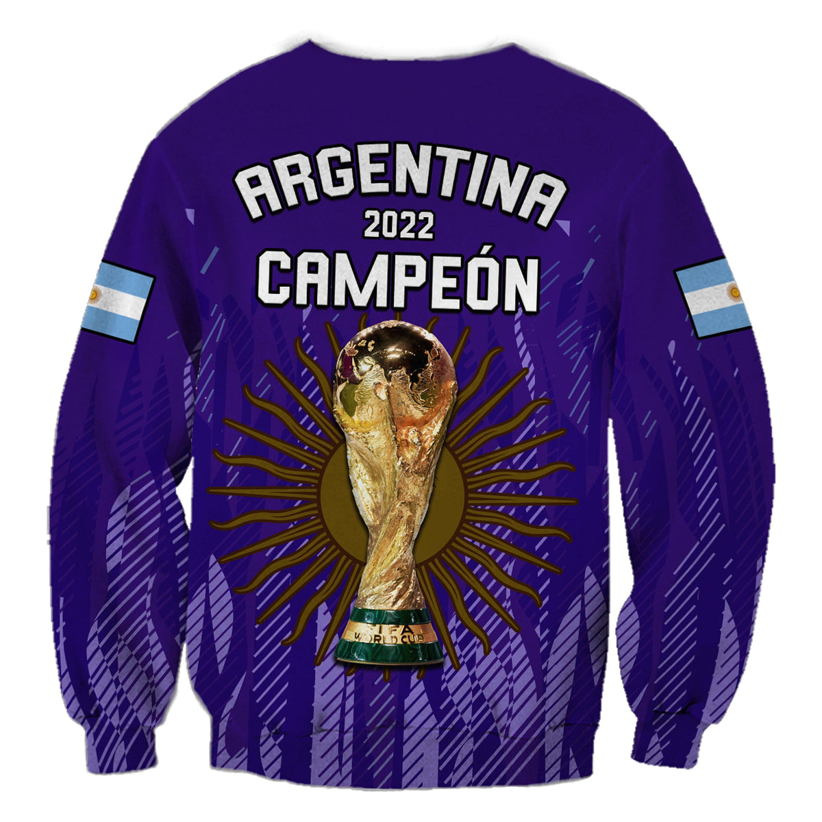 Purple Argentina football sweatshirt with 'CAMPEÓN' trophy graphic and sunburst