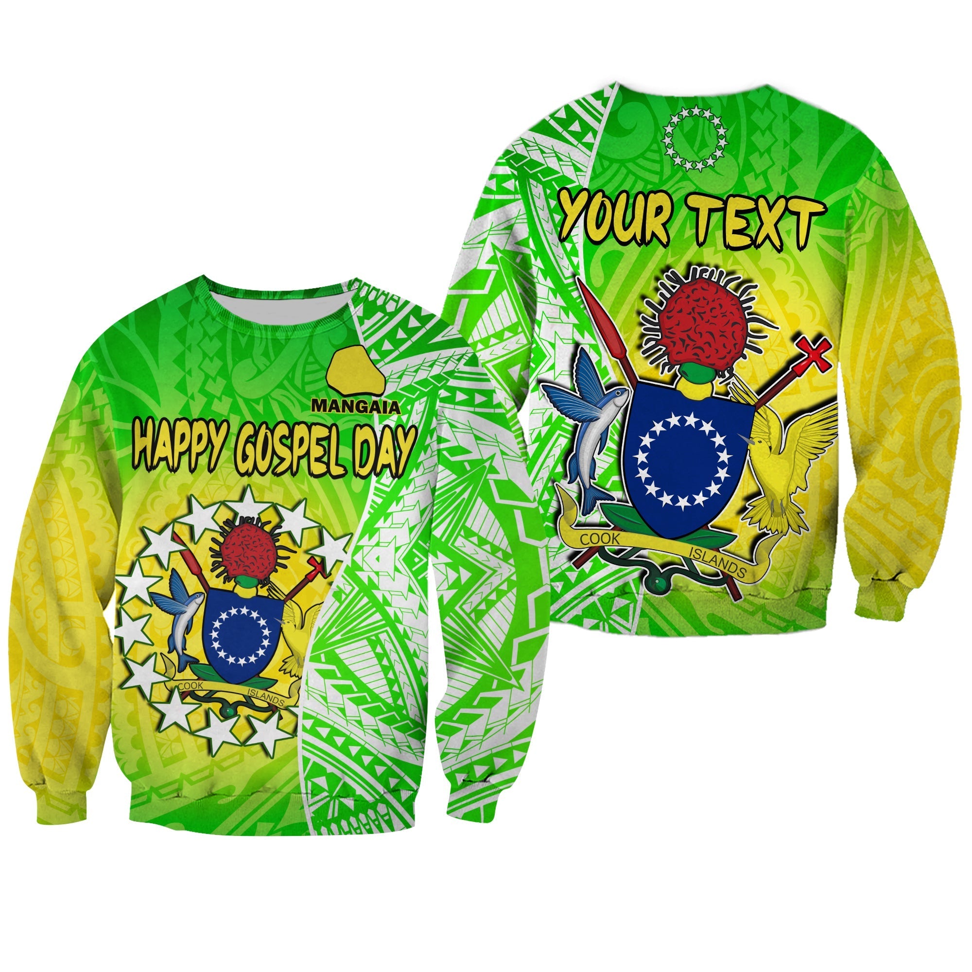 (Custom Personalised) Happy Mangaia Gospel Day Sweatshirt Cook Islands Coat Of Arms Polynesian Pattern - Wonder Print Shop