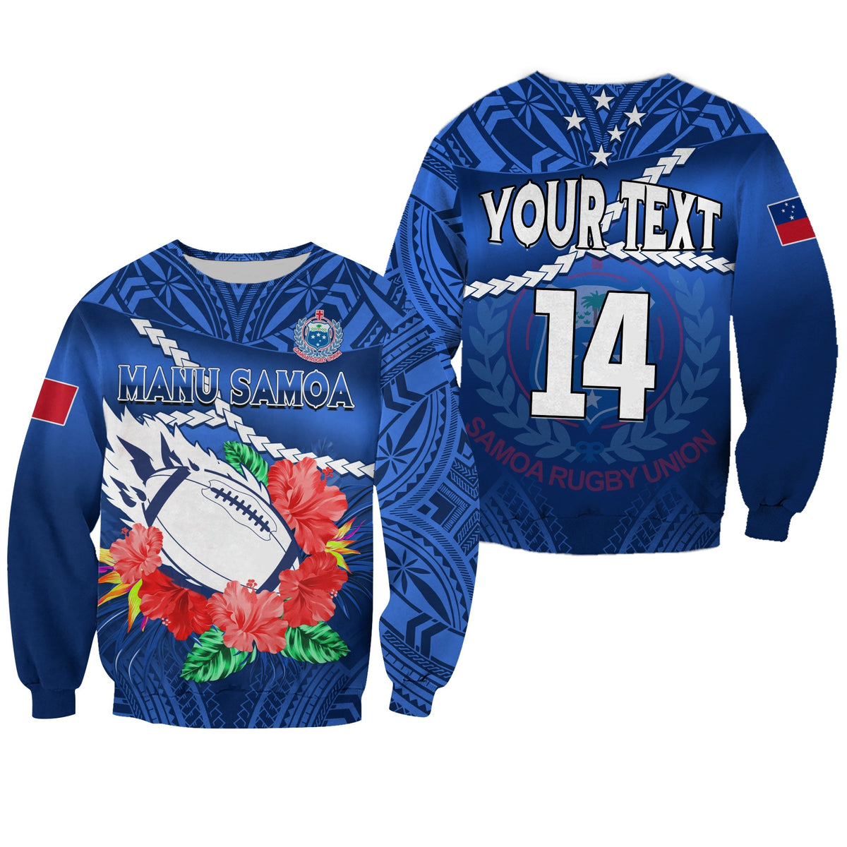 (Custom Text And Number) Samoa Rugby Sweatshirt Manu Samoa Polynesian Hibiscus Blue Style - Wonder Print Shop