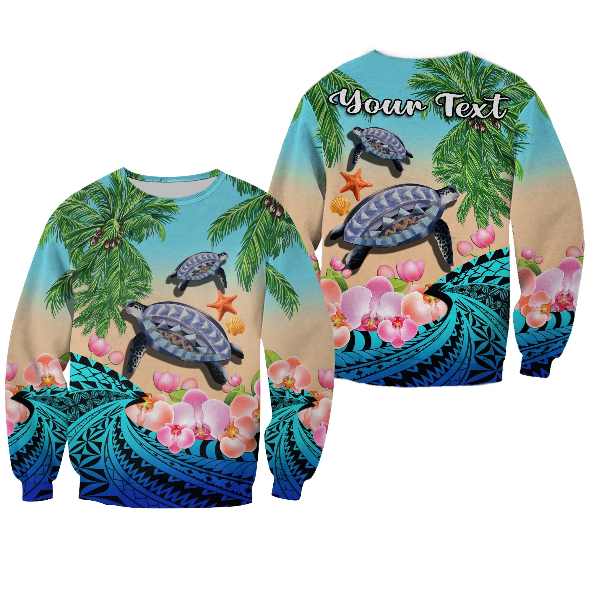 Custom Personalised Polynesian Turtle Coconut Tree And Orchids Sweatshirt - Wonder Print Shop