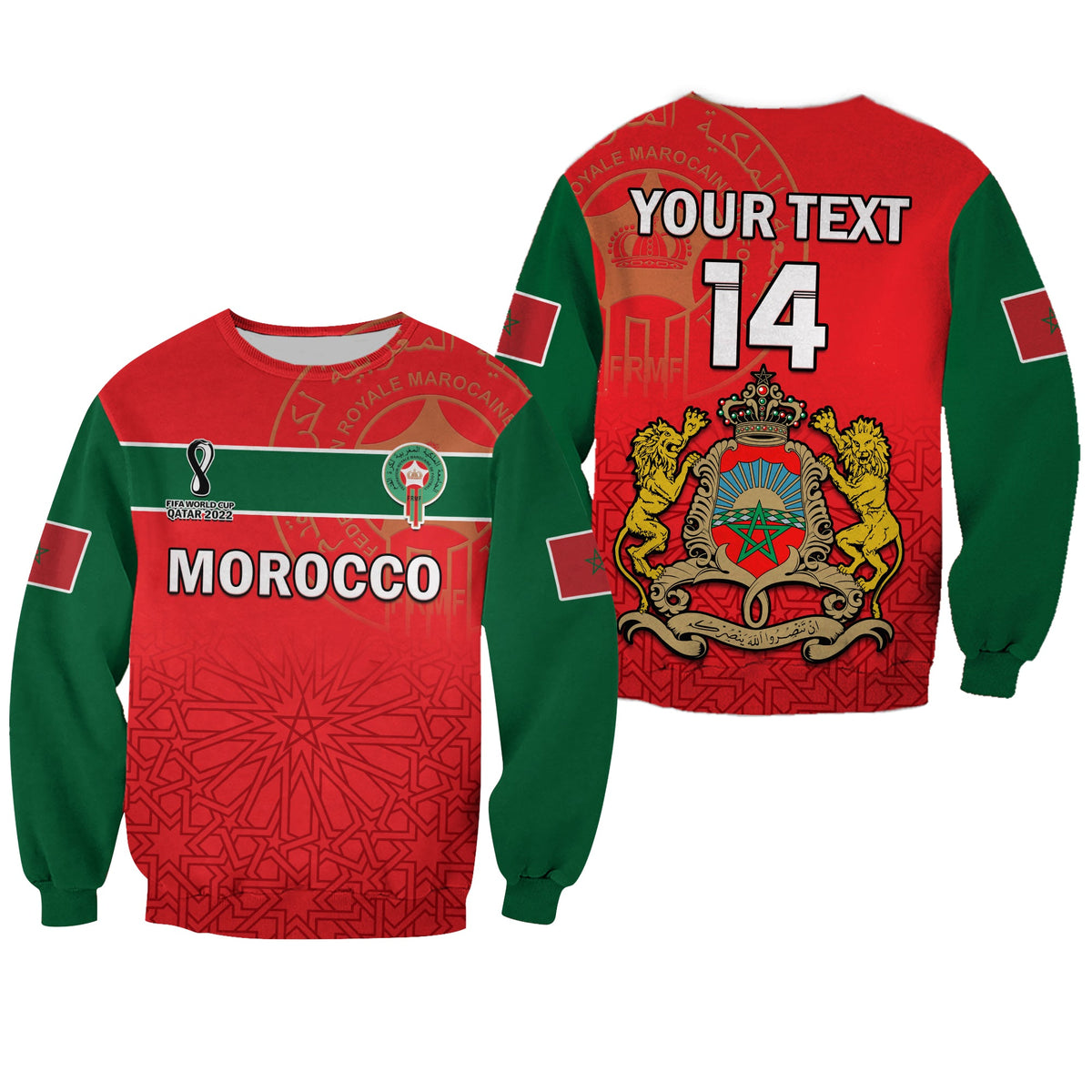 (Custom Text And Number) Morocco Football Sweatshirt Atlas Lions Red World Cup 2022 - Wonder Print Shop