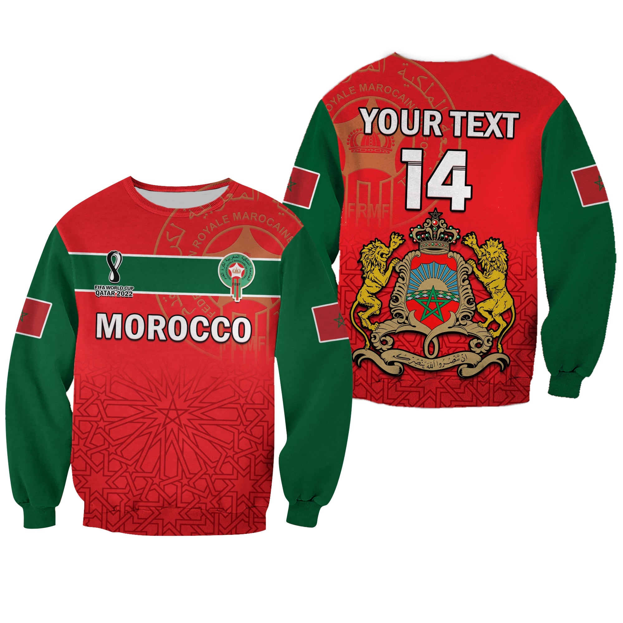 (Custom Text And Number) Morocco Football Sweatshirt Atlas Lions Red World Cup 2022 - Wonder Print Shop