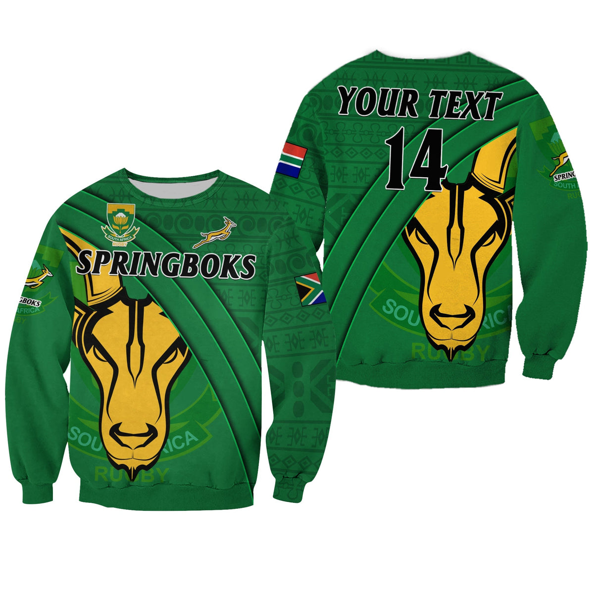 (Custom Text And Number) South Africa Rugby Sweatshirt Bokke Springbok With African Pattern Stronger Together - Wonder Print Shop