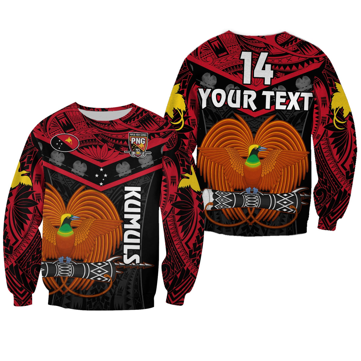 Custom Text And Number Papua New Guinea Rugby Sweatshirt PNG Kumuls Bird Of Paradise Black - Wonder Print Shop