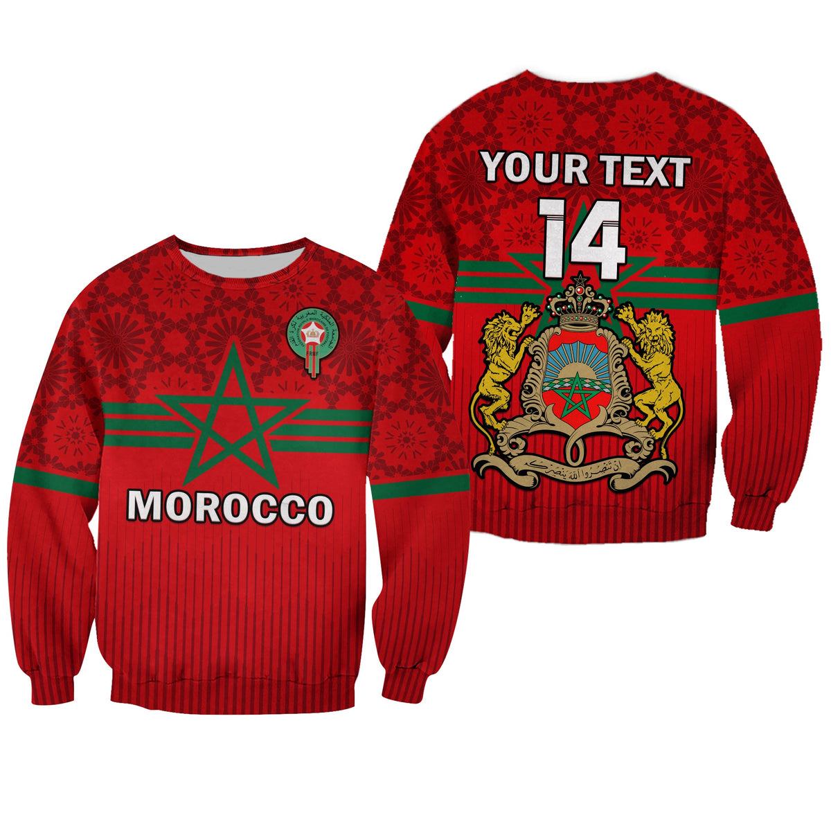 (Custom Text And Number) Morocco Football Sweatshirt World Cup 2022 Red Moroccan Pattern - Wonder Print Shop