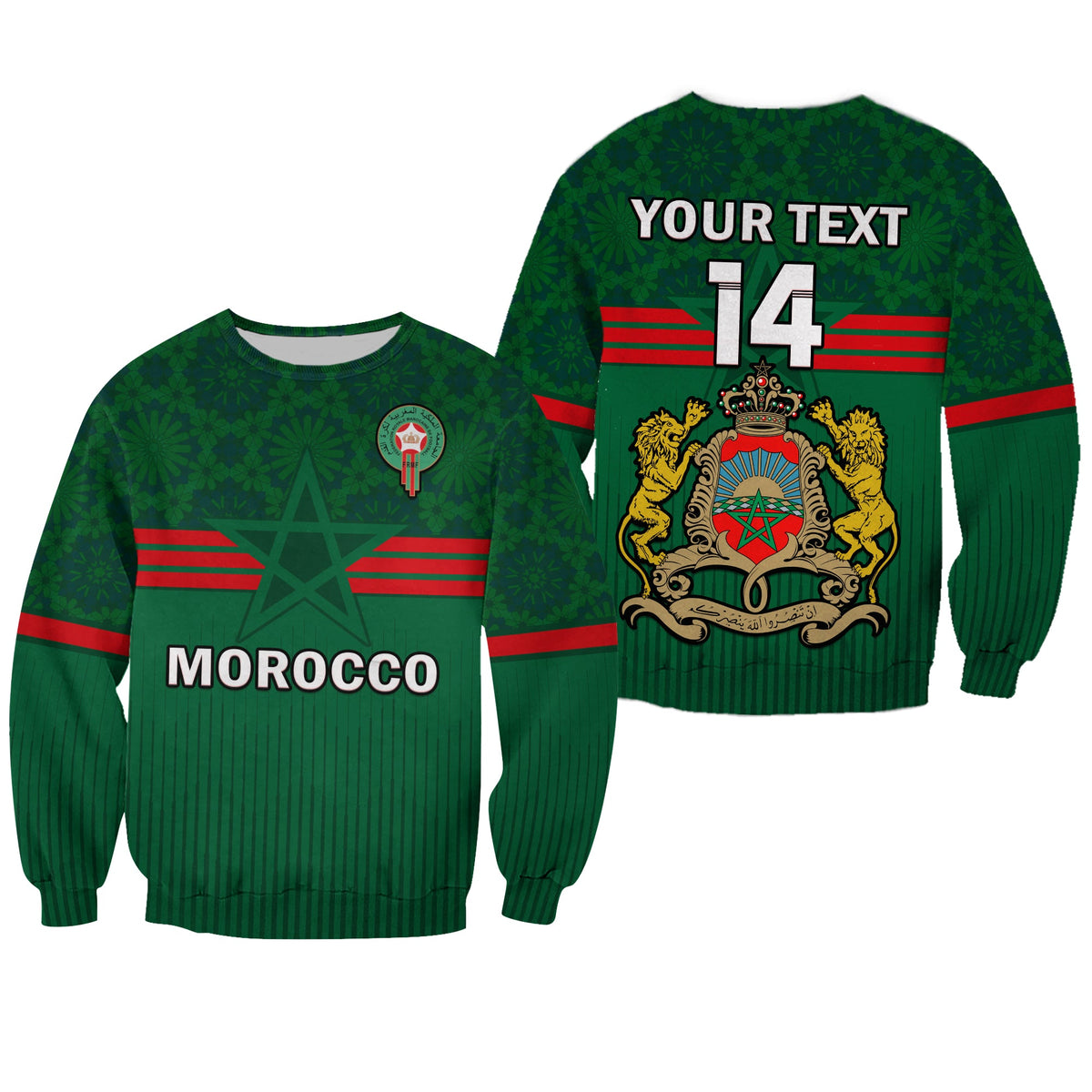 (Custom Text And Number) Morocco Football Sweatshirt World Cup 2022 Green Moroccan Pattern - Wonder Print Shop