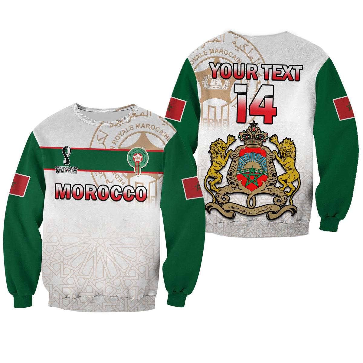(Custom Text And Number) Morocco Football Sweatshirt Atlas Lions White World Cup 2022 - Wonder Print Shop