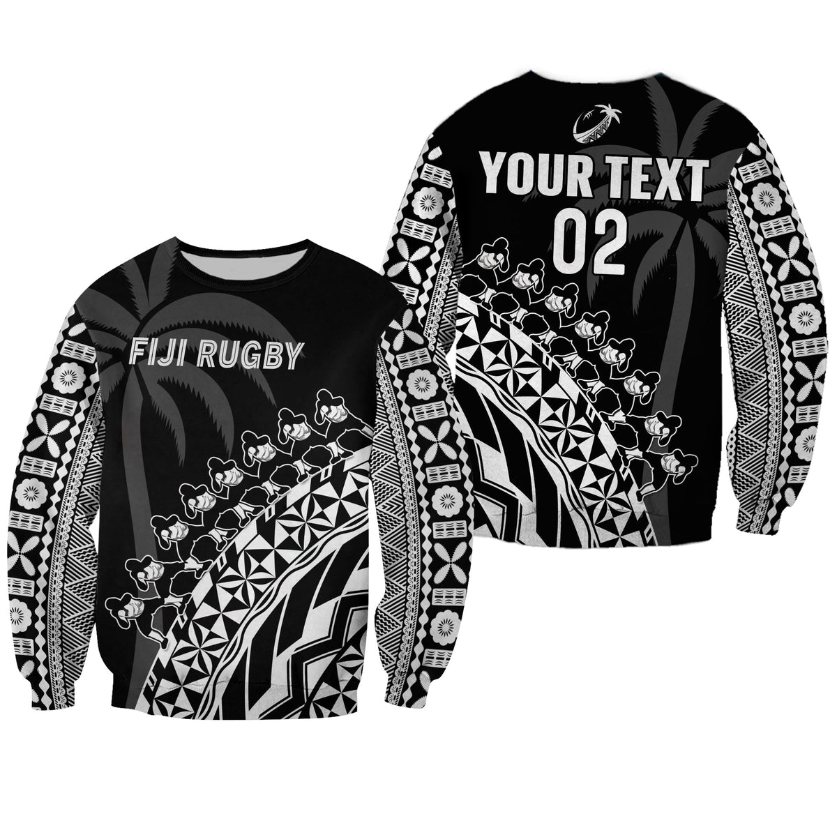 Custom Text And Number Fiji Rugby Sweatshirt Fijian Cibi Dance Tapa Pattern Black - Wonder Print Shop