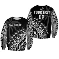 Rugby sweatshirt in black with white tribal sleeves; front text FIJI RUGBY and back YOUR TEXT 02