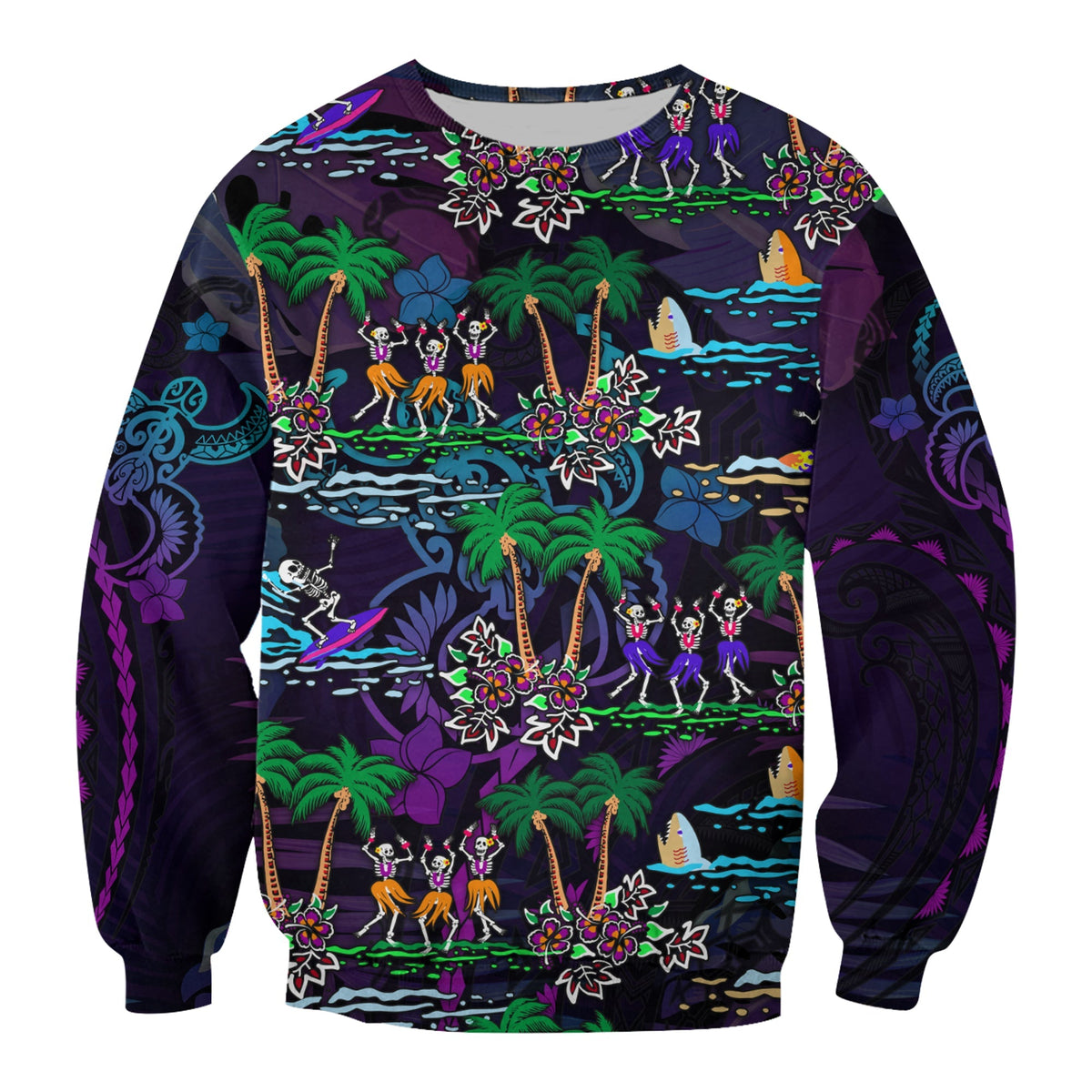 Purple crewneck sweatshirt with full front skeleton-dance Hawaiian pattern, long sleeves