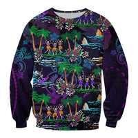 Purple crewneck sweatshirt with full front skeleton-dance Hawaiian pattern, long sleeves