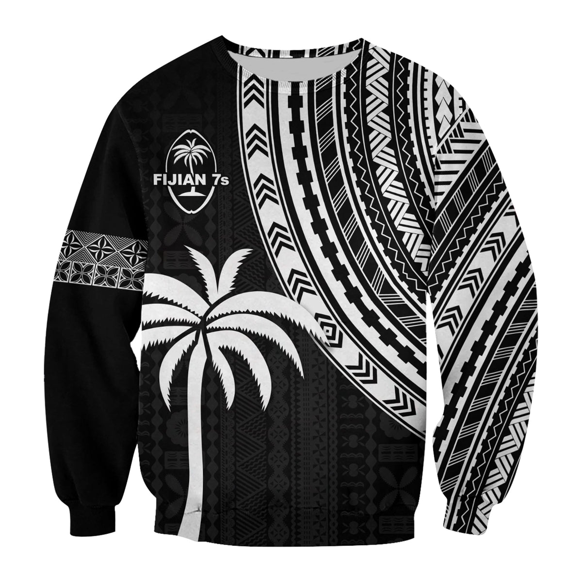 Black crewneck sweatshirt with white tribal patterns, 'FIJIAN 7s' emblem and palm print