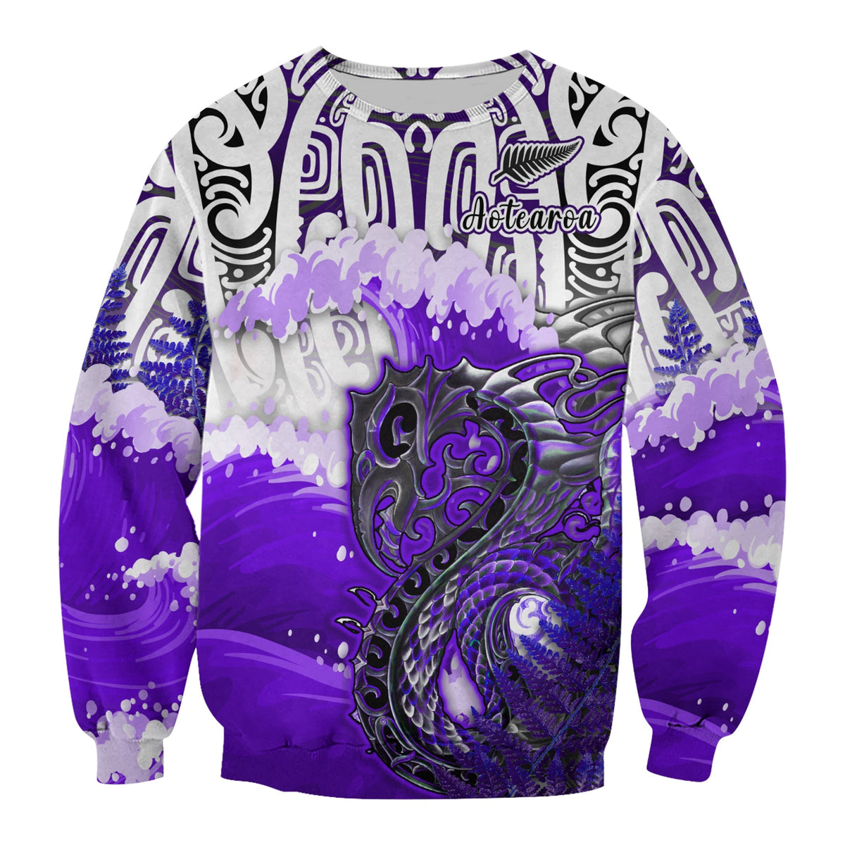 Custom Personalised Manaia Maori Sweatshirt Fern Aotearoa Purple Waves LT13 - Wonder Print Shop