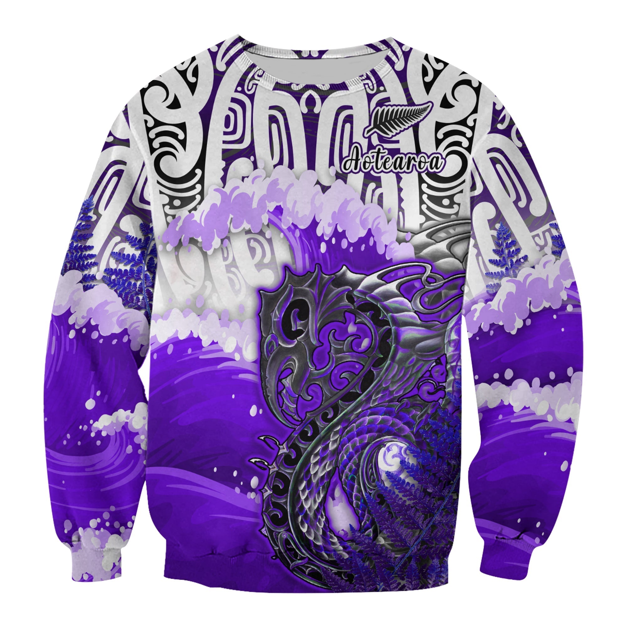 Custom Personalised Manaia Maori Sweatshirt Fern Aotearoa Purple Waves LT13 - Wonder Print Shop