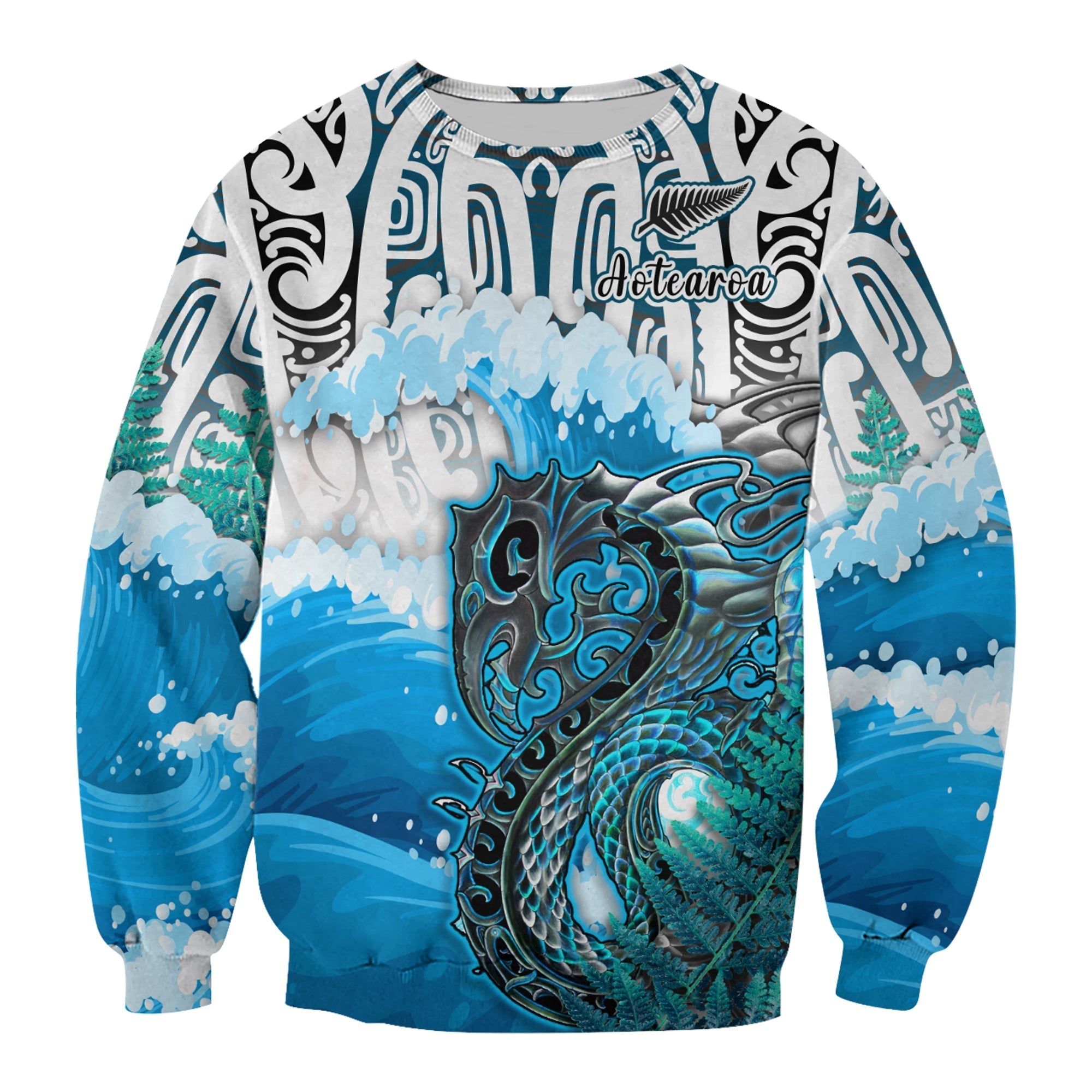 Custom Personalised Manaia Maori Sweatshirt Fern Aotearoa Blue Waves LT13 - Wonder Print Shop