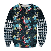 Unisex crewneck surf sweatshirt in dark with colorful skeleton surfing and 'SURF' graphics