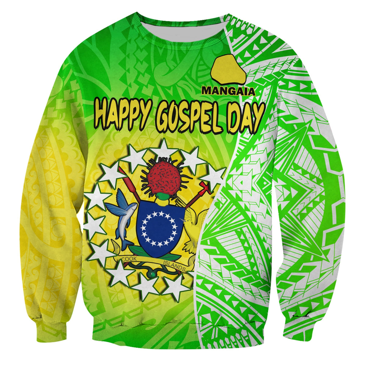 Happy Mangaia Gospel Day Sweatshirt Cook Islands Coat of Arms Polynesian Pattern - Wonder Print Shop
