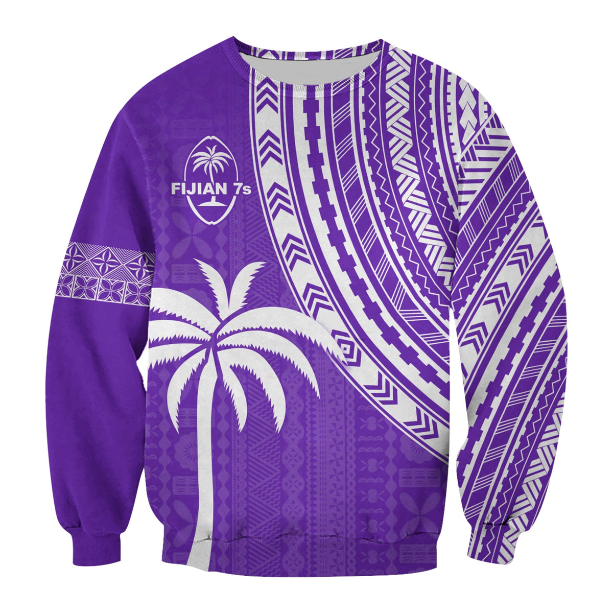 Purple sweatshirt with Fijian 7s badge, palm motif, and geometric tapa stripes