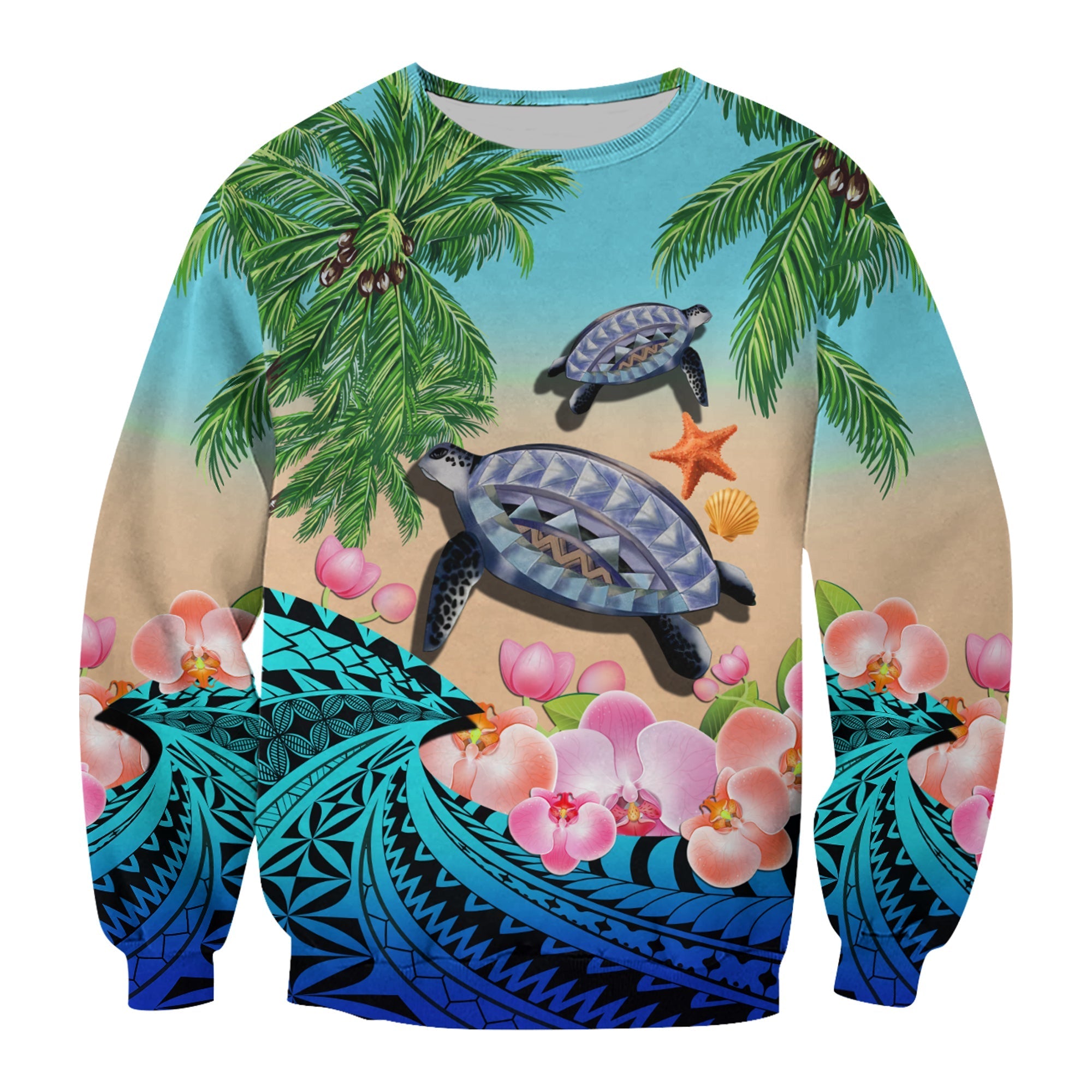 Polynesian Turtle Coconut Tree And Orchids Sweatshirt - Wonder Print Shop