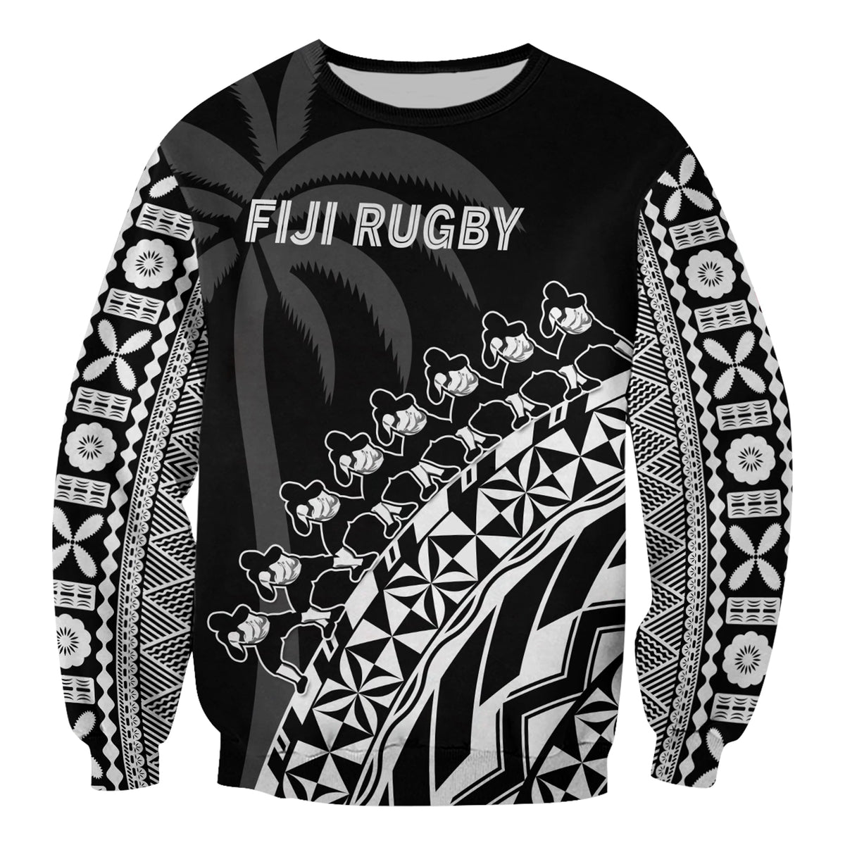 Rugby sweatshirt in black with white tribal full-front graphic and FIJI RUGBY text
