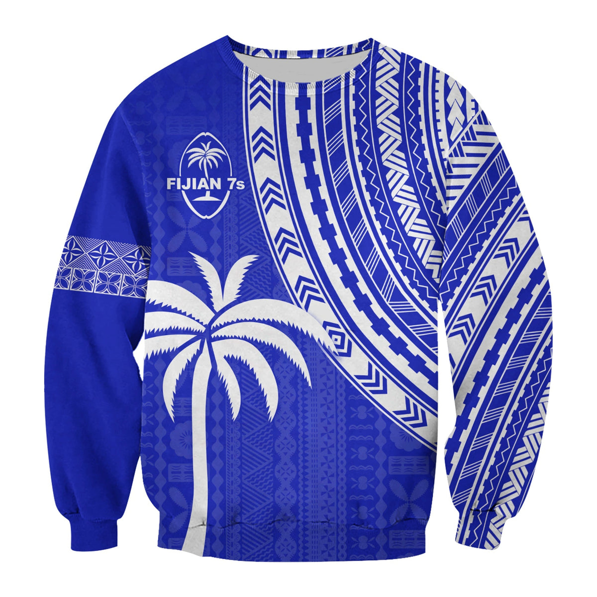 Blue rugby sevens sweatshirt with Fijian 7s logo, palm tree graphic and tapa stripes