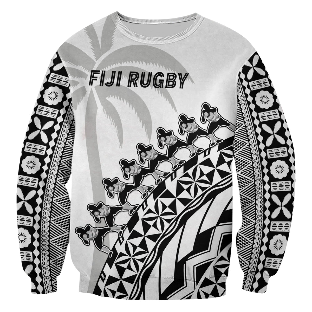 Unisex sweatshirt front in light white with black tapa pattern sleeves and FIJI RUGBY text