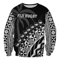 Black rugby sweatshirt with centered white graphic and patterned stripe sleeves