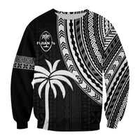 Black crewneck sweatshirt with Fijian tribal tapa graphics, palm trees and crest