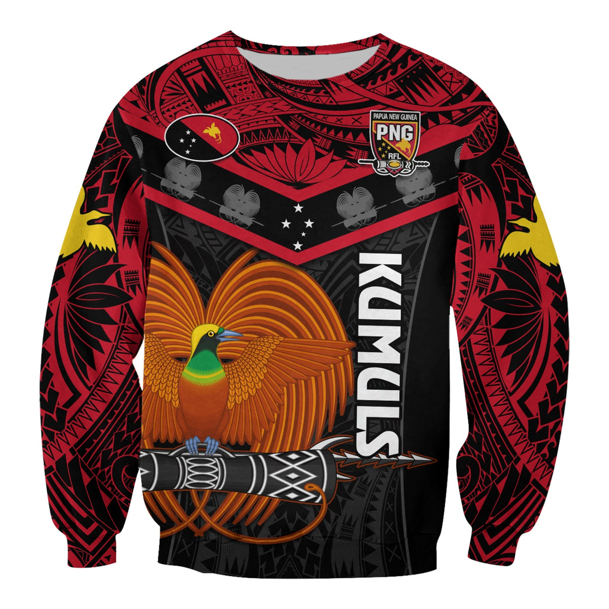 Custom Text And Number Papua New Guinea Rugby Sweatshirt PNG Kumuls Bird Of Paradise Black - Wonder Print Shop