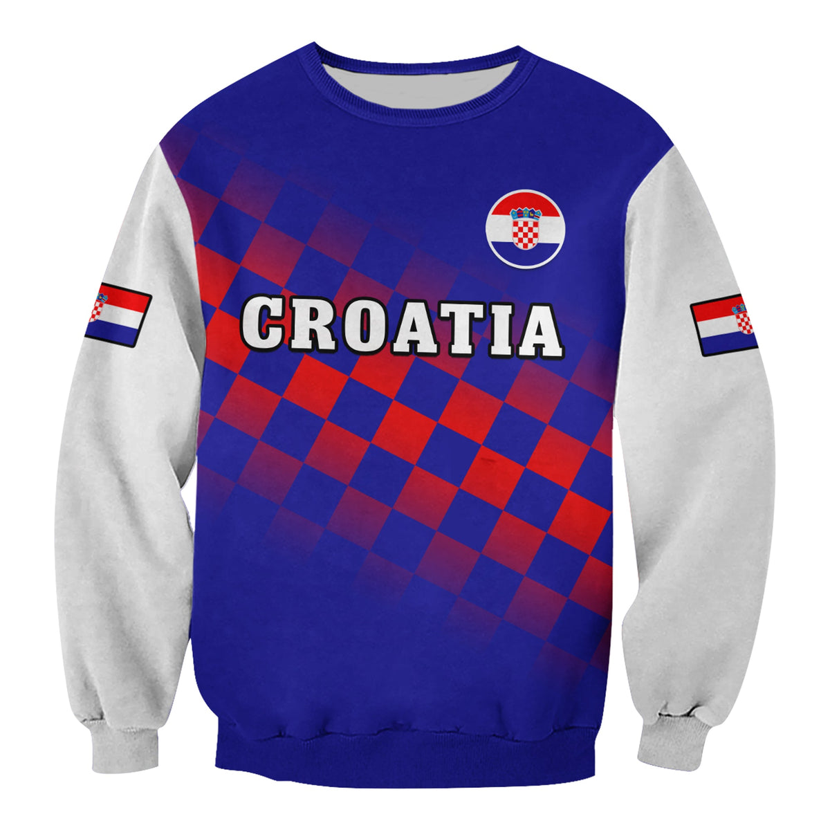 (Custom Text And Number) Croatia Football Sweatshirt Hrvatska Checkerboard Blue Version - Wonder Print Shop