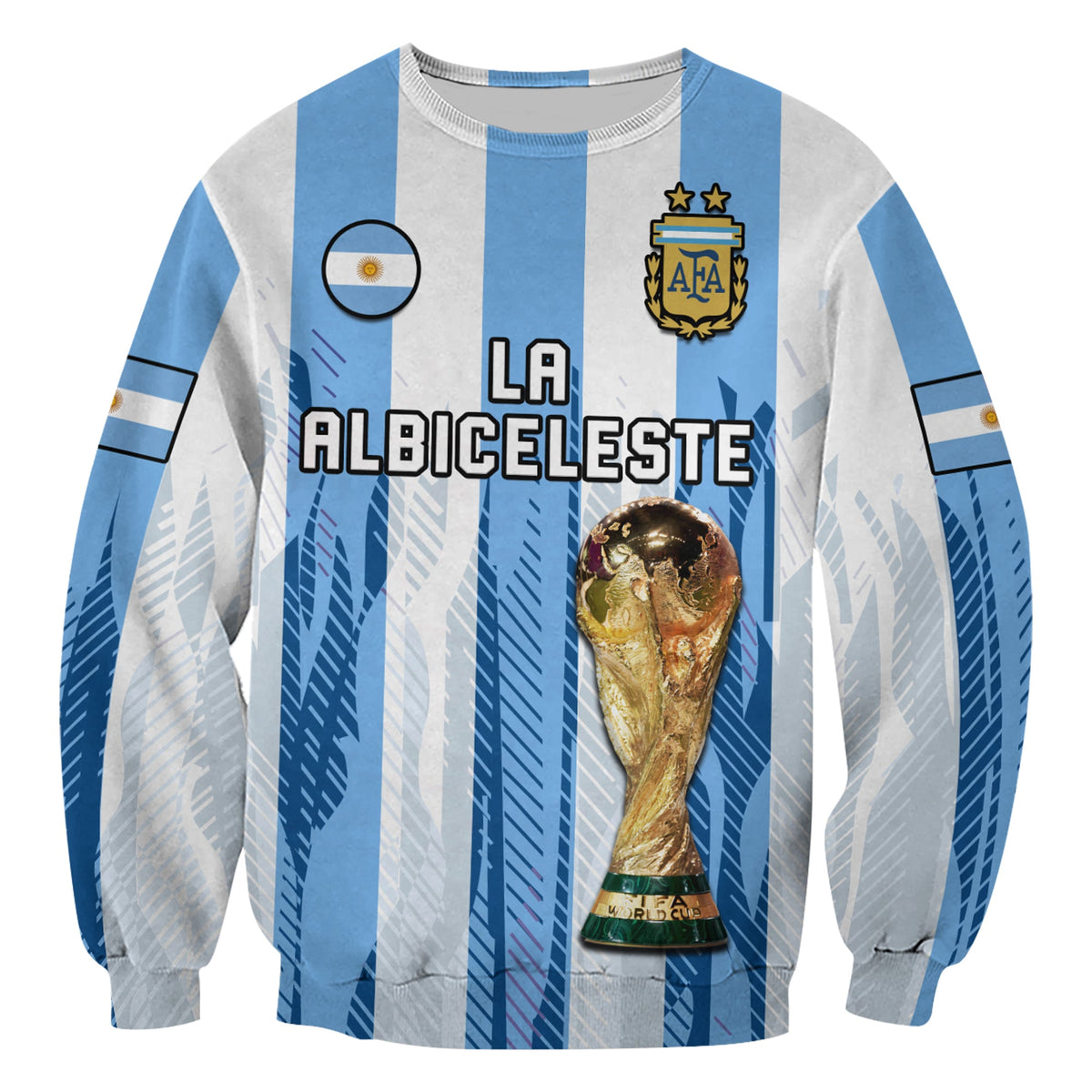 Football sweatshirt with AFA crest and "LA ALBICELESTE" text, light blue/white striped print