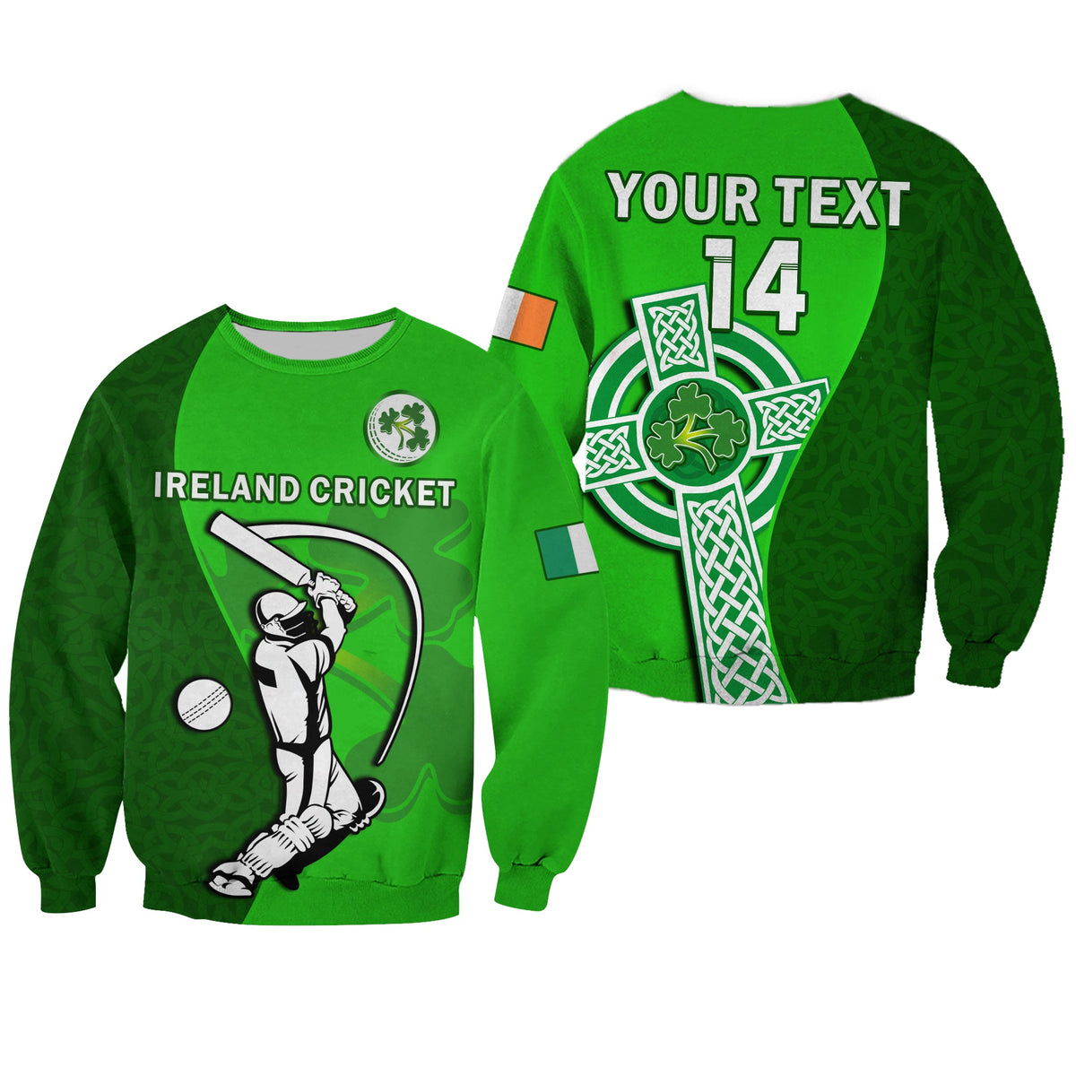 (Custom Text And Number) Ireland Cricket Sweatshirt Irish Flag Celtic Cross Sporty Style - Wonder Print Shop