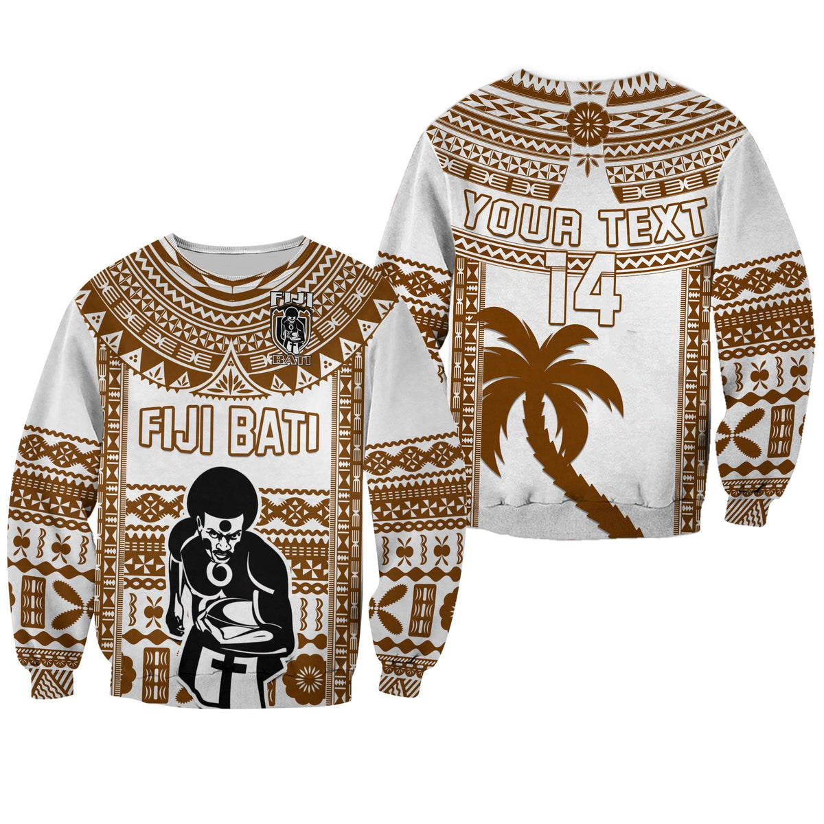 Custom Text And Number Fiji Rugby Sweatshirt Pacific The Bati Brown Fijian Tapa - Wonder Print Shop