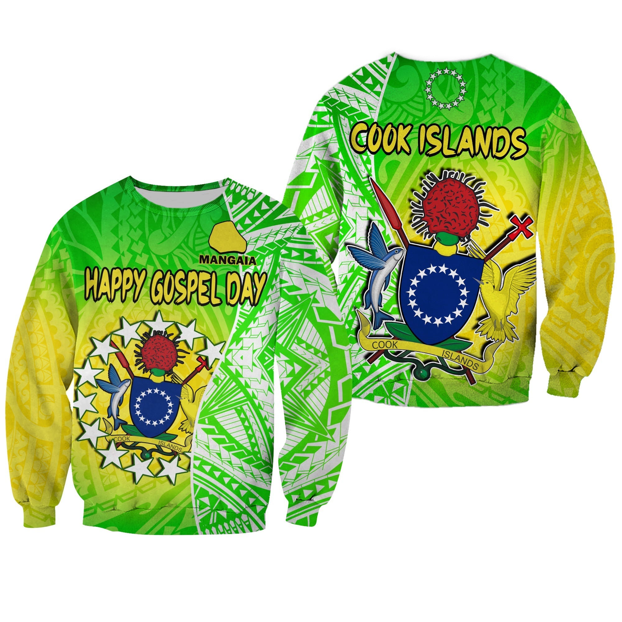 Happy Mangaia Gospel Day Sweatshirt Cook Islands Coat of Arms Polynesian Pattern - Wonder Print Shop
