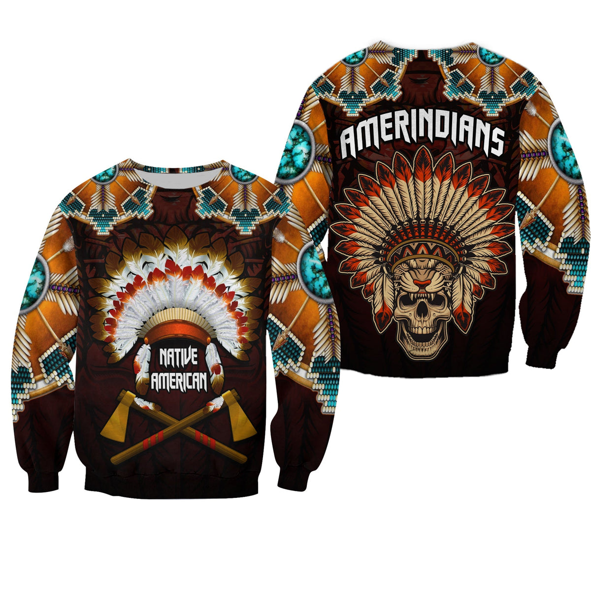 The First Americans Sweatshirt Indian Headdress With Skull LT13 - Wonder Print Shop