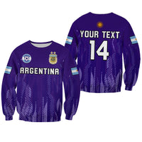 Purple football sweatshirt with custom text and number 14, Argentina crest, long sleeves