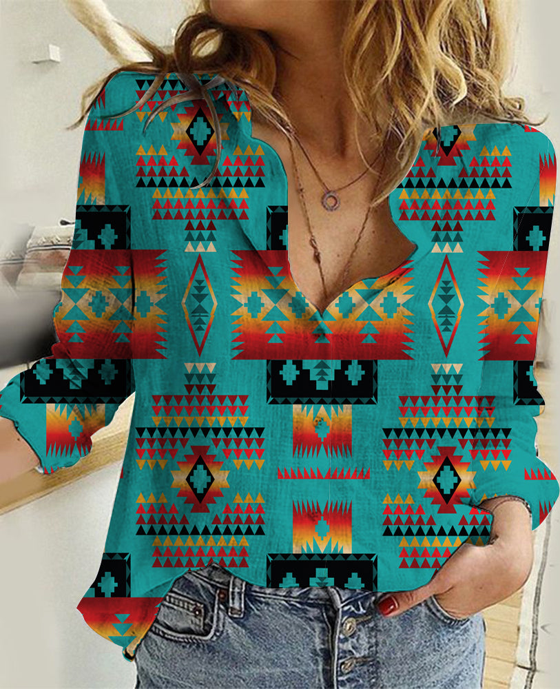 Blue Native Tribes Pattern Native American Linen Shirts LT10 - Wonder Print Shop